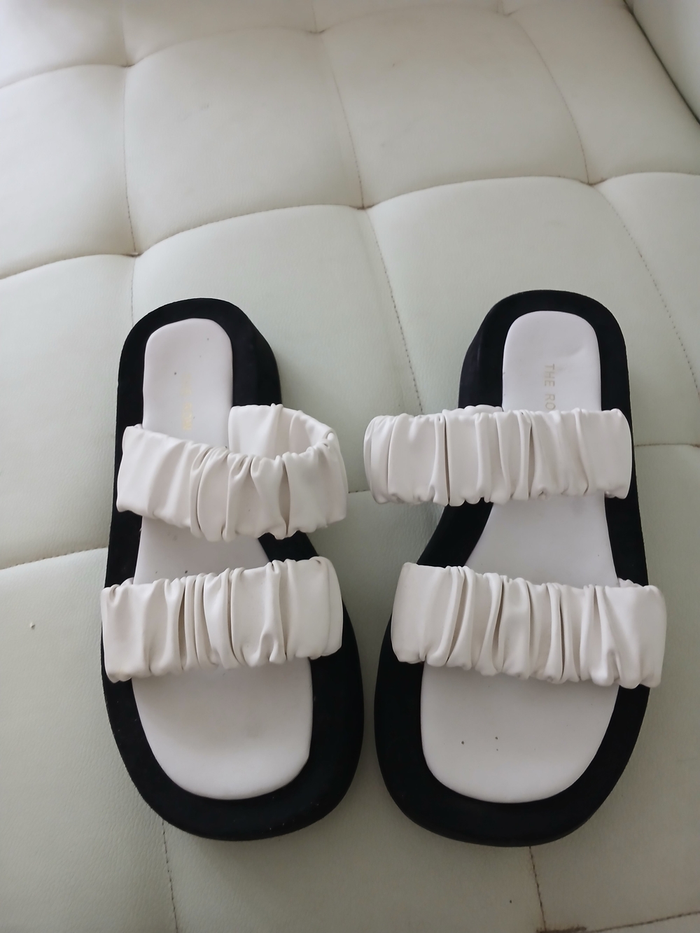 The Row Cream Ruched Double-Strap Slides with Black Platform